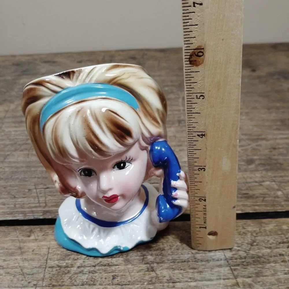 Vintage Lady Head Vase Teenager Inarco E-3548 Telephone Planter Retro Japan